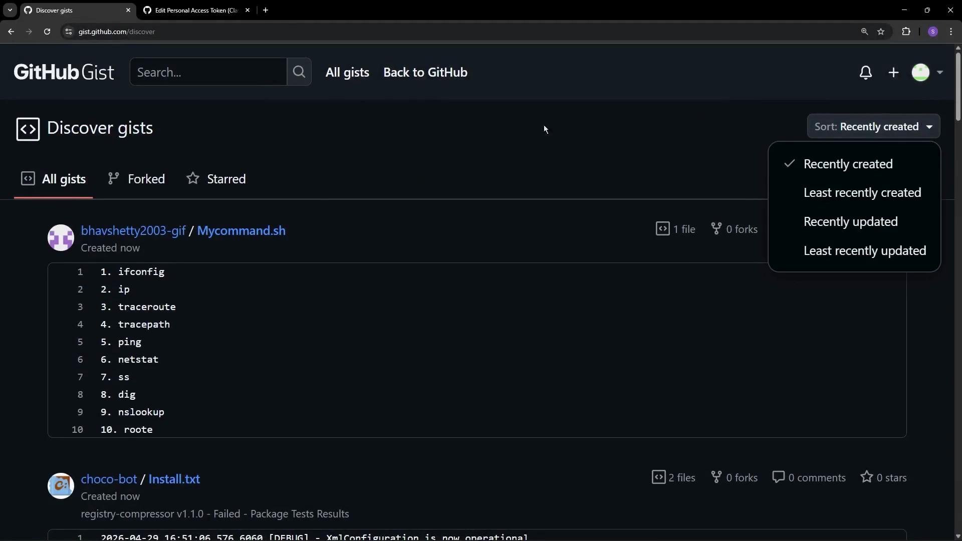 The image shows a GitHub Gist page with lists of shell commands in files named "Mycommand.sh" and "Install.txt" under various users, along with sorting options for the gists.