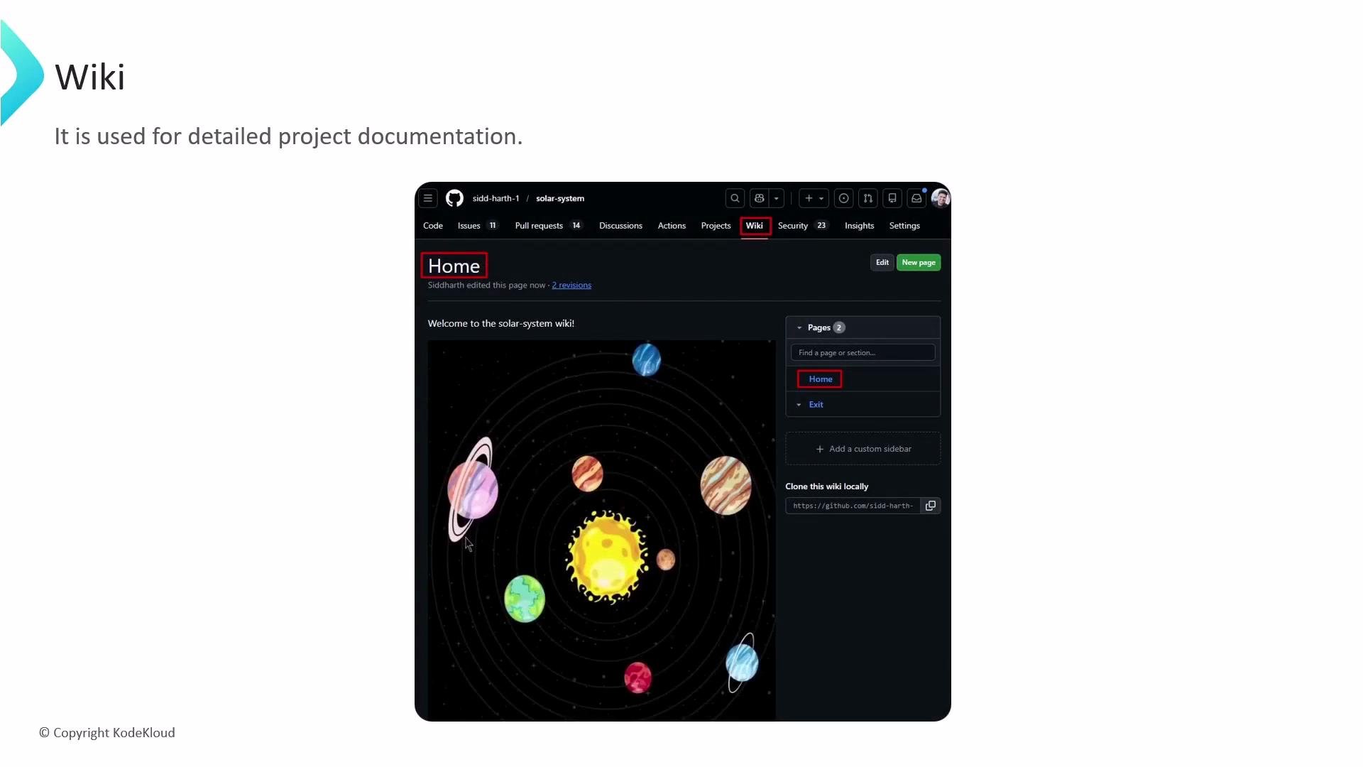 The image shows a webpage titled "Wiki" used for project documentation, with a depiction of the solar system and navigation options on the side.