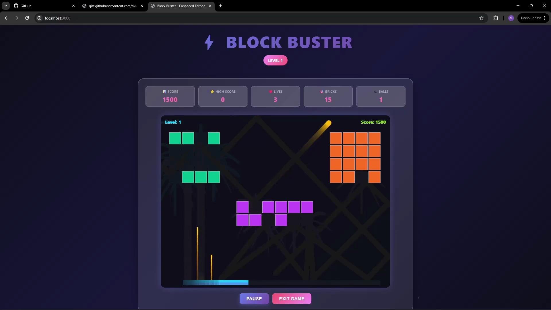 The image shows a screenshot of a video game called "Block Buster," displaying a play area with multicolored blocks and game stats such as score, level, and lives.