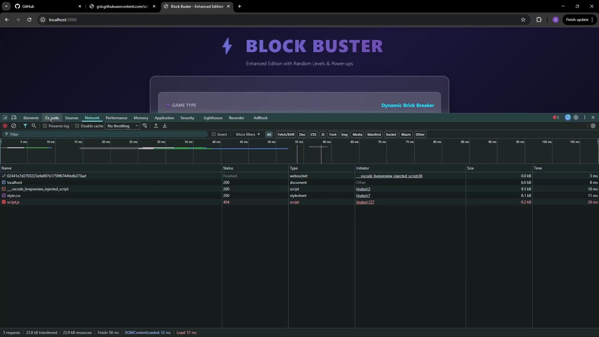 The image shows a browser window with a developer tools network activity panel open at the bottom, displaying data about various resource requests, and a title "BLOCK BUSTER" at the top.