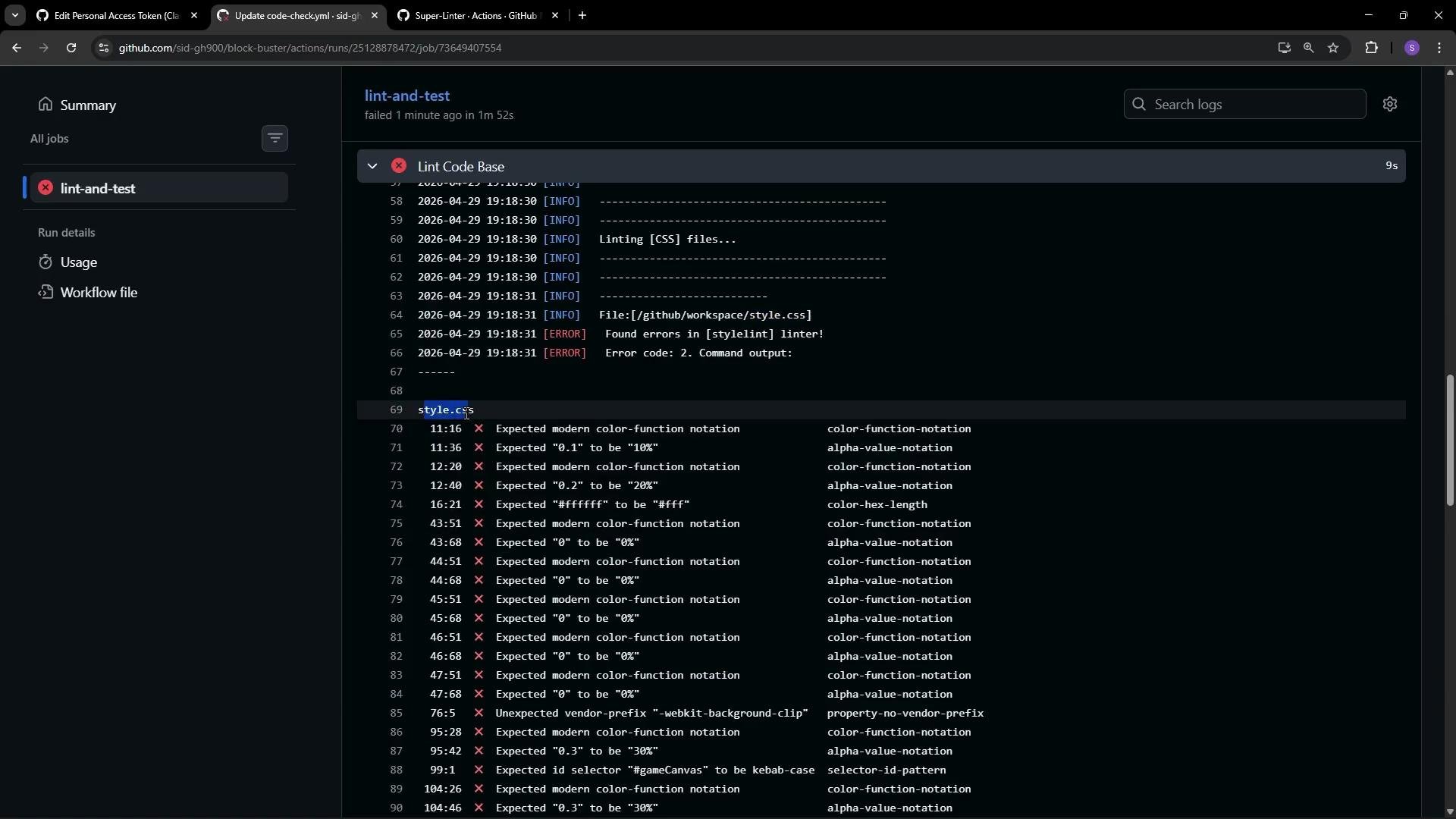 The image shows a GitHub Actions workflow page with a failed lint-and-test job, displaying errors in a CSS file related to color notation and syntax issues.