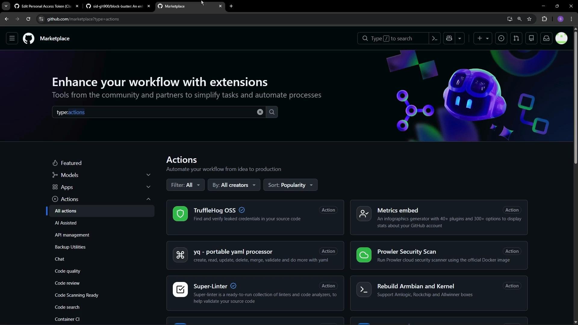 The image shows the GitHub Marketplace webpage, highlighting actions and extensions for enhancing workflow. It lists various tools like TruffleHog OSS and Super-Linter, with filters for sorting.