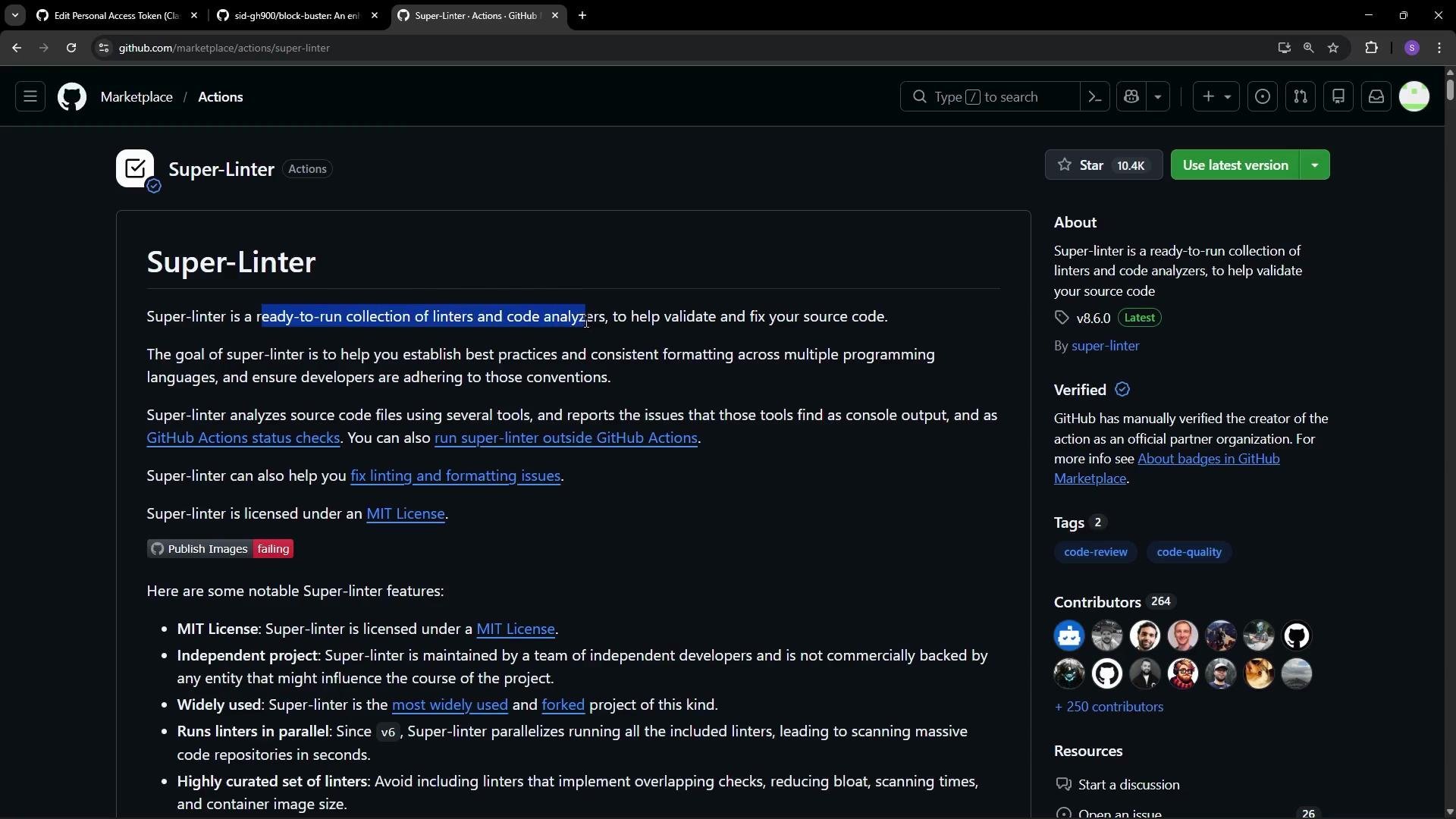 The image is a screenshot of a GitHub Marketplace page for "Super-Linter," which is described as a collection of linters and code analyzers. The page includes features, licensing information, and contributor details.
