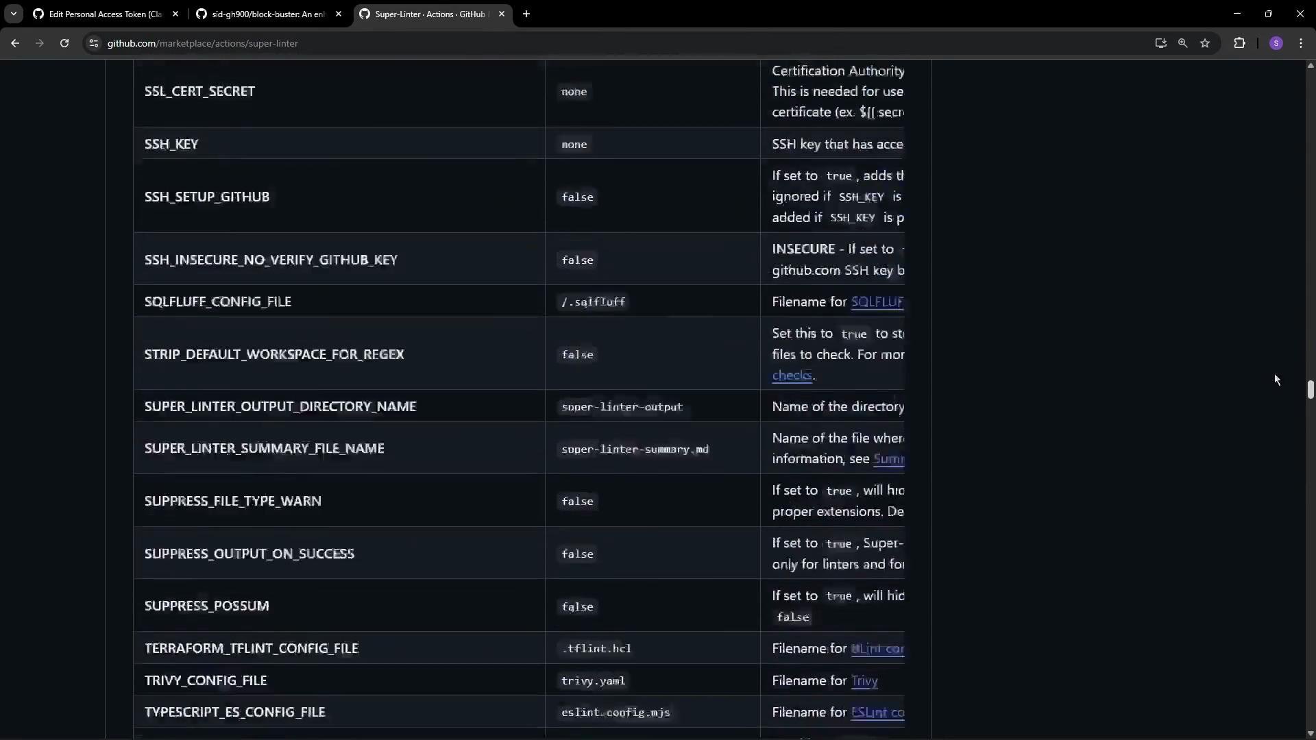 The image is a screenshot of a GitHub page displaying the configuration options for the Super-Linter GitHub action, with a list of environment variables and their descriptions.