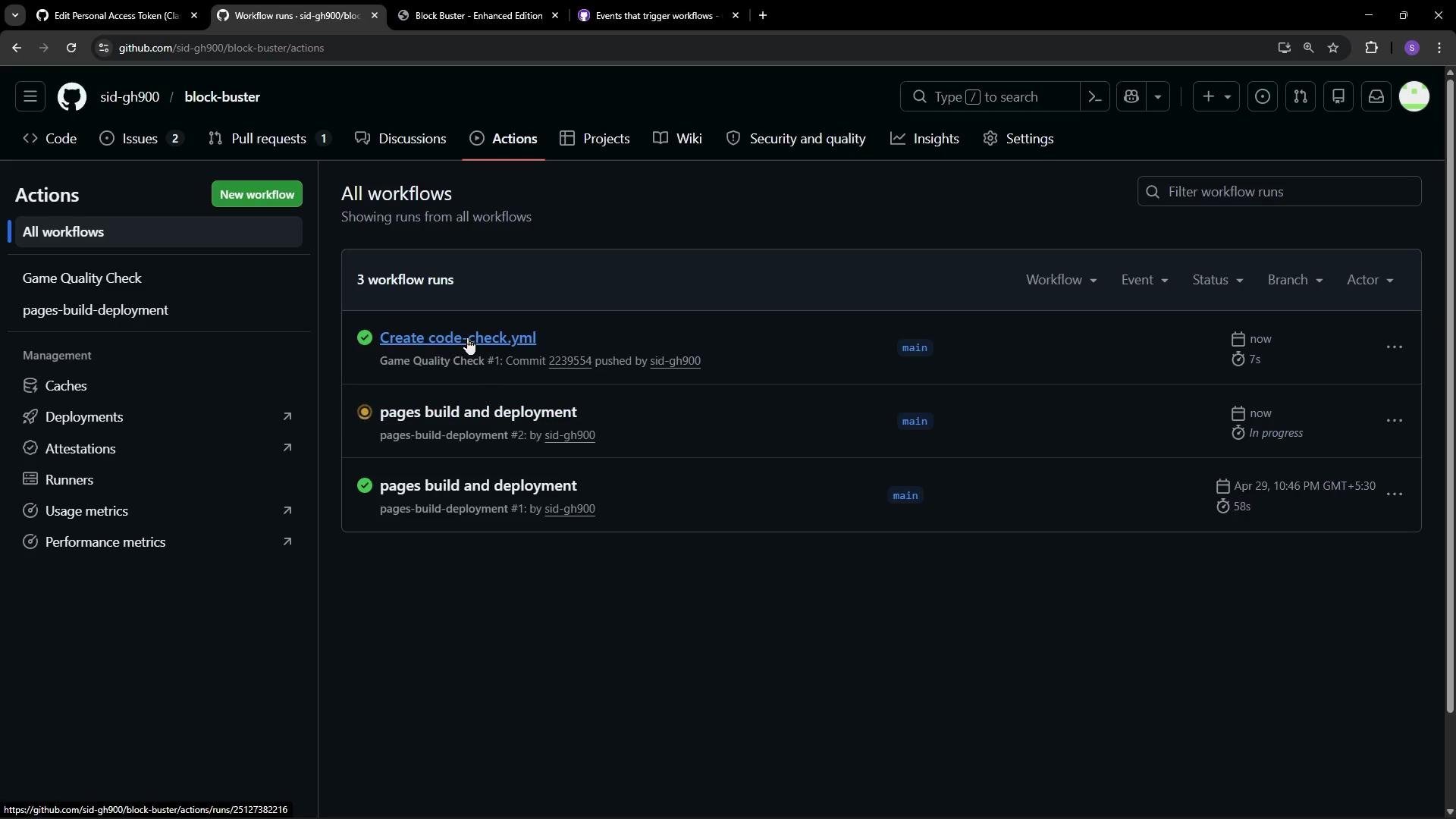 The image shows a GitHub Actions page displaying workflow runs for a repository named "block-buster" with workflows such as "Create code-check.yml" and "pages build and deployment".