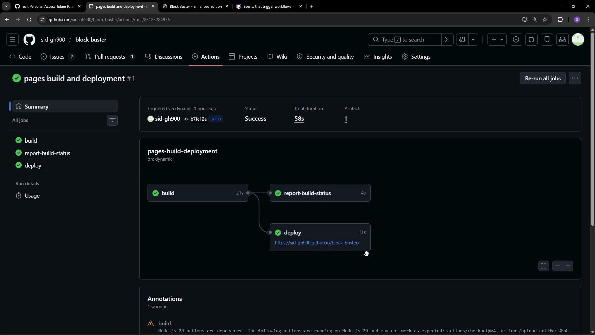 The image shows a GitHub Actions workflow summary for "pages build and deployment." The workflow has successfully completed with three jobs: "build," "report-build-status," and "deploy."