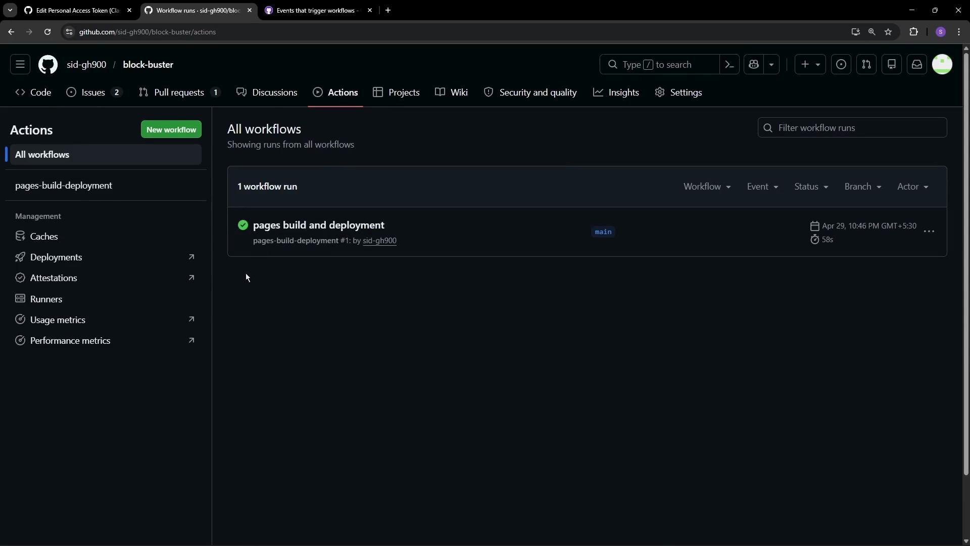 The image shows a GitHub Actions page displaying the status of a workflow run called "pages build and deployment," which is successful.