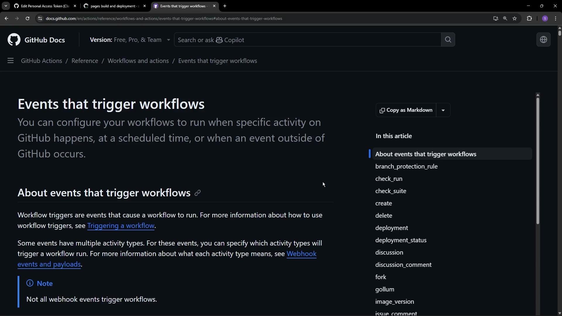 This is a screenshot of a GitHub documentation page titled "Events that trigger workflows," detailing how workflows can be configured to run on specific activities within GitHub. There is a menu on the right listing various event types.