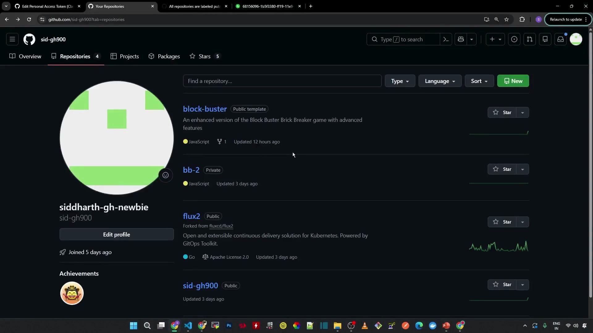 The image is a screenshot of a GitHub profile page showing a list of repositories. The profile belongs to a user with the handle "sid-gh900," highlighting both public and private repositories along with their descriptions and programming languages used.