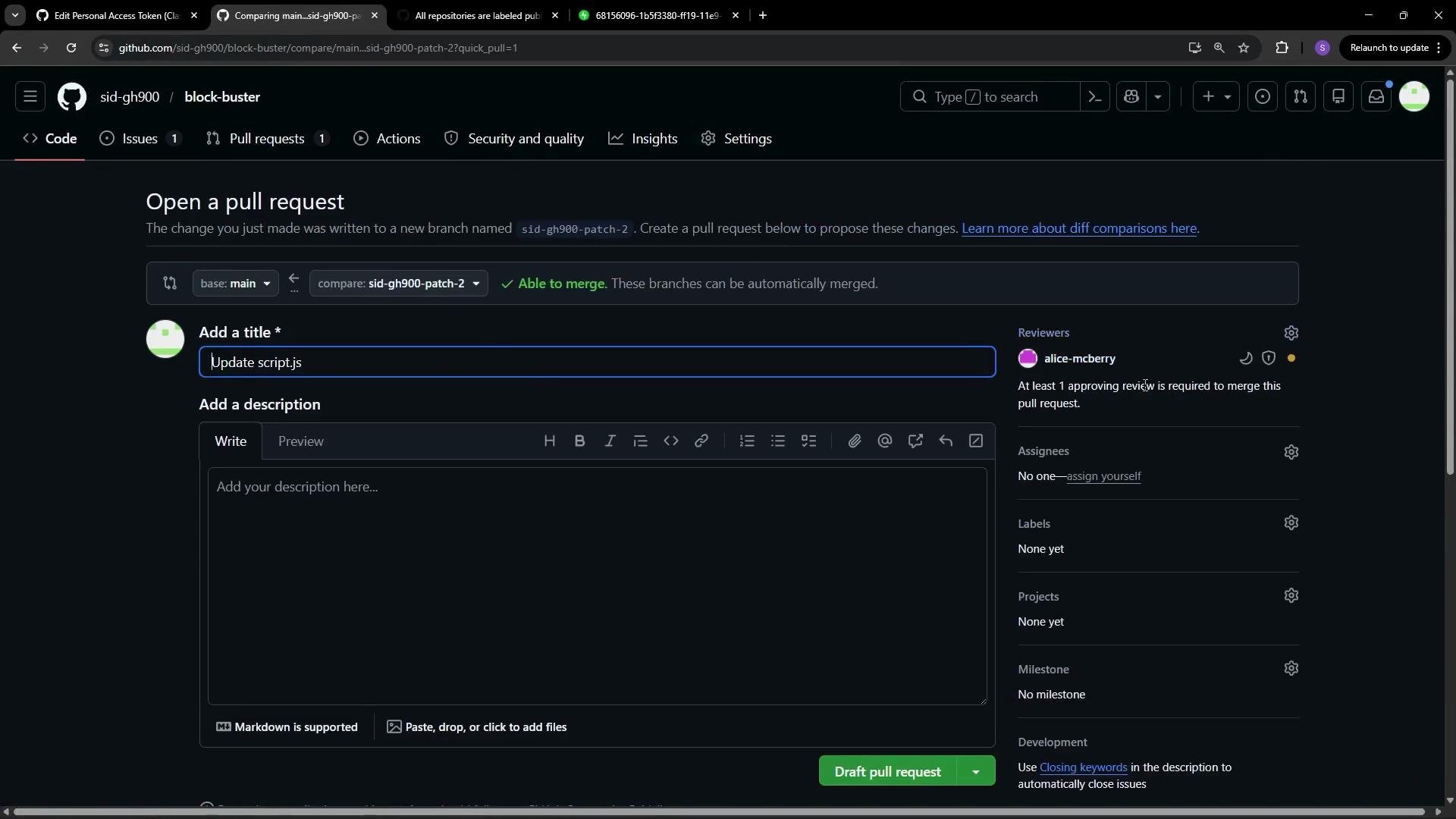 This image shows a GitHub interface for creating a pull request, with options to add a title, description, and reviewers. The title field is populated with "Update script.js."