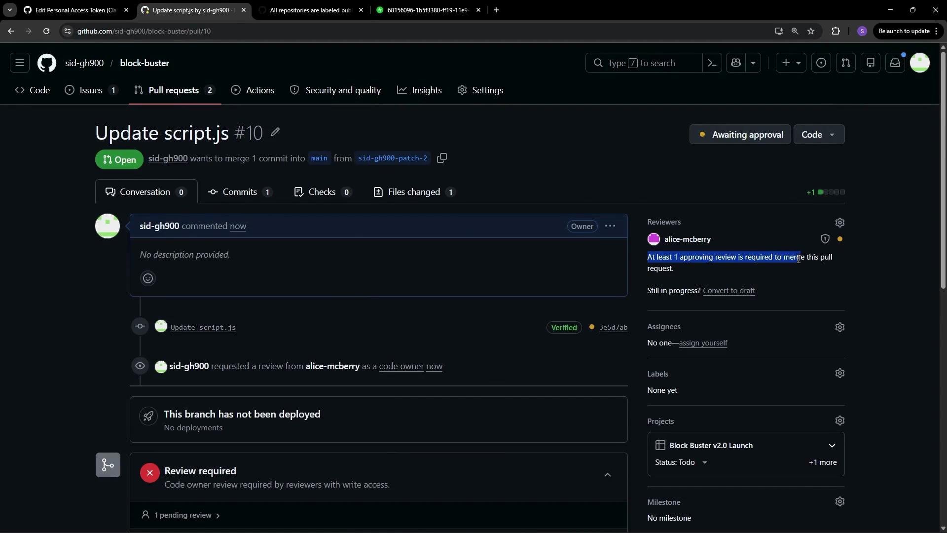 The image shows a GitHub pull request page for updating the script.js file in a repository. It indicates the request is open, awaiting review, and requires at least one approving review to merge.