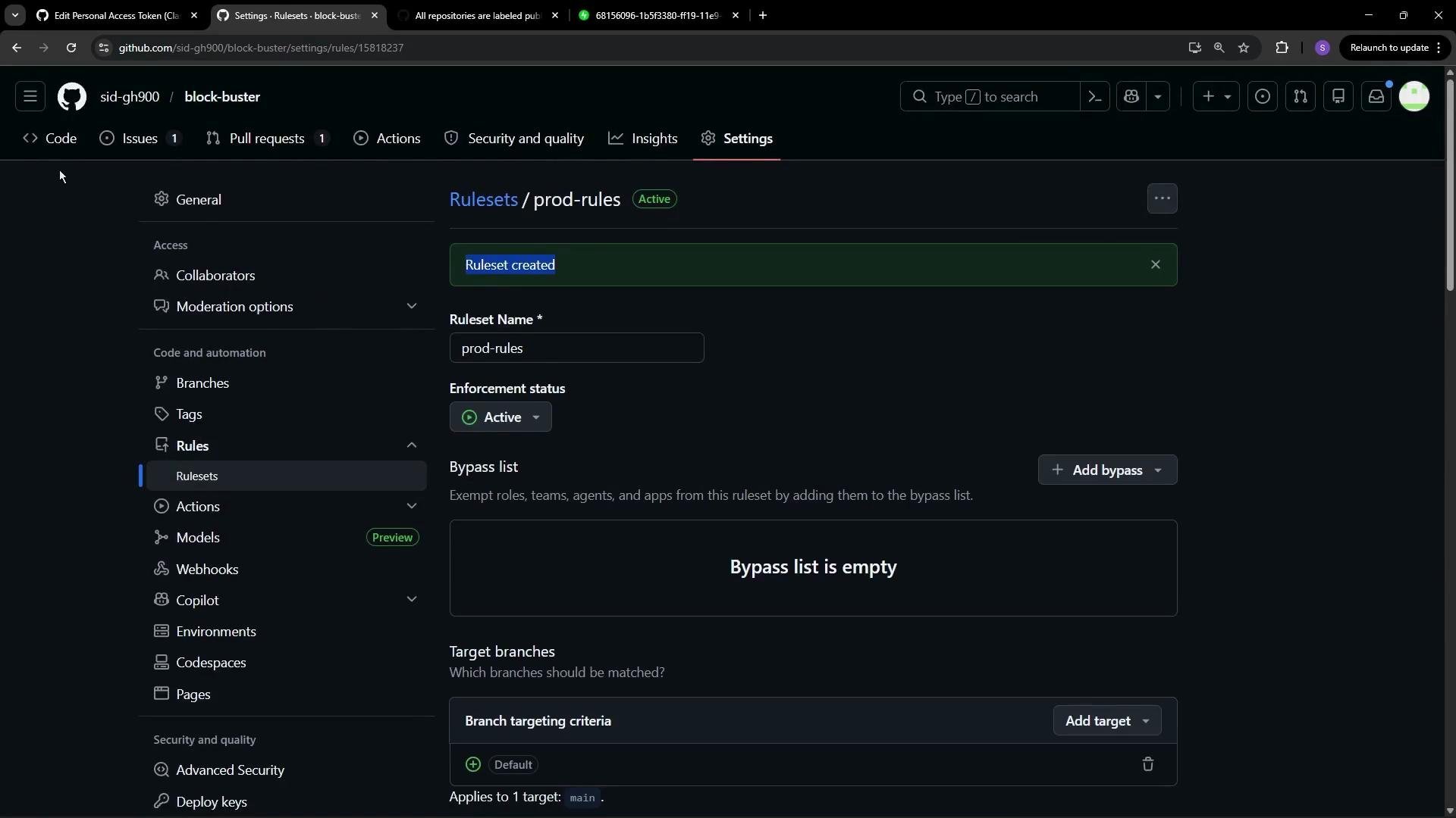 The image shows a GitHub repository settings page, specifically under "Rulesets" for a repository named "block-buster," with an active ruleset named "prod-rules." The bypass list is empty, and the settings indicate it applies to the "main" branch.