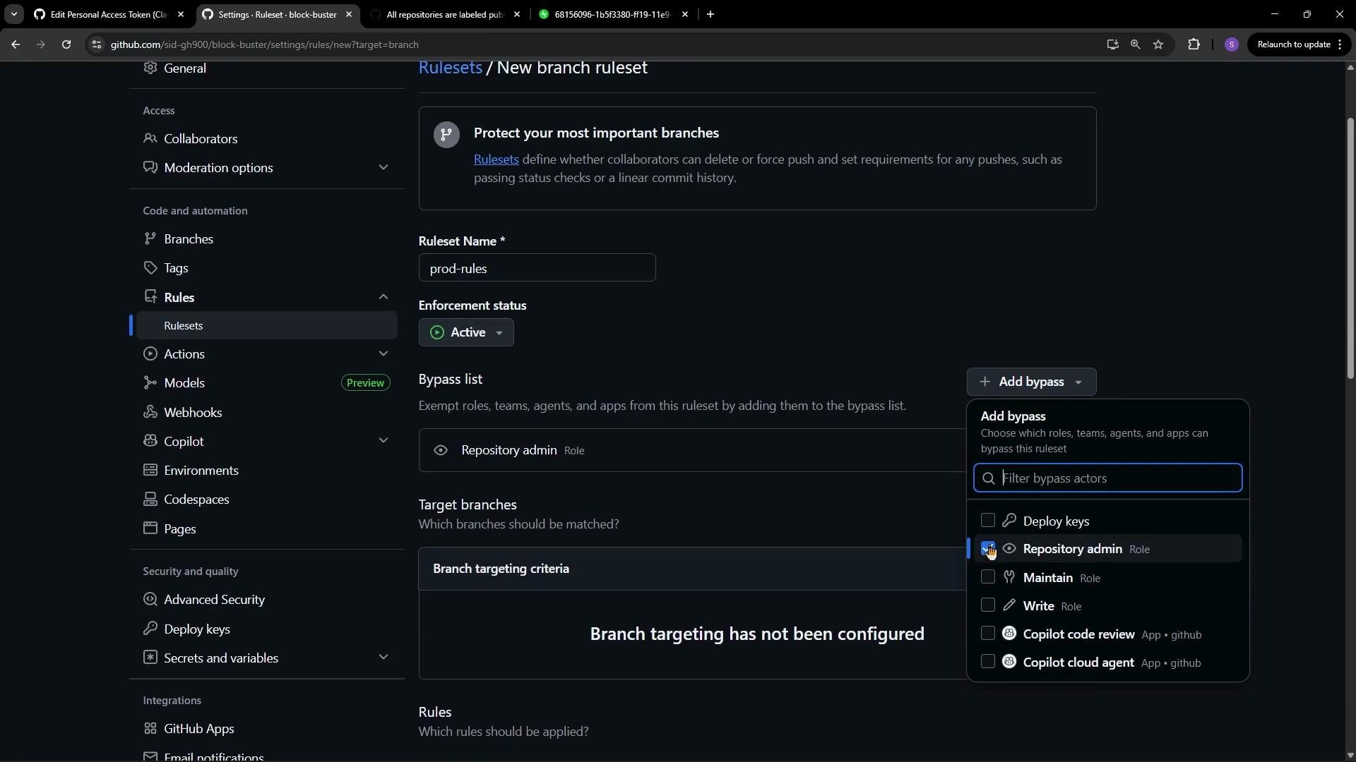 The image shows a GitHub repository settings page, specifically for configuring branch rules. It includes options for setting rulesets, enforcement status, bypass lists, and branch targeting criteria.
