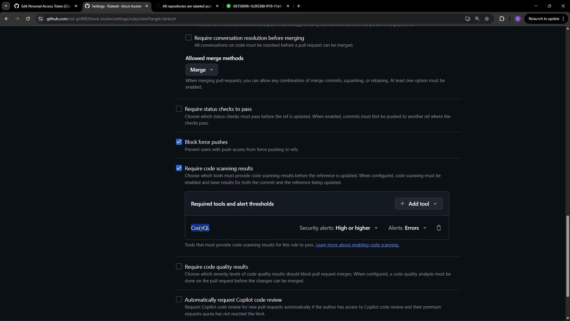 The image shows a GitHub repository settings page with options for merging methods, blocking force pushes, and requiring code scanning results and Copilot code review.