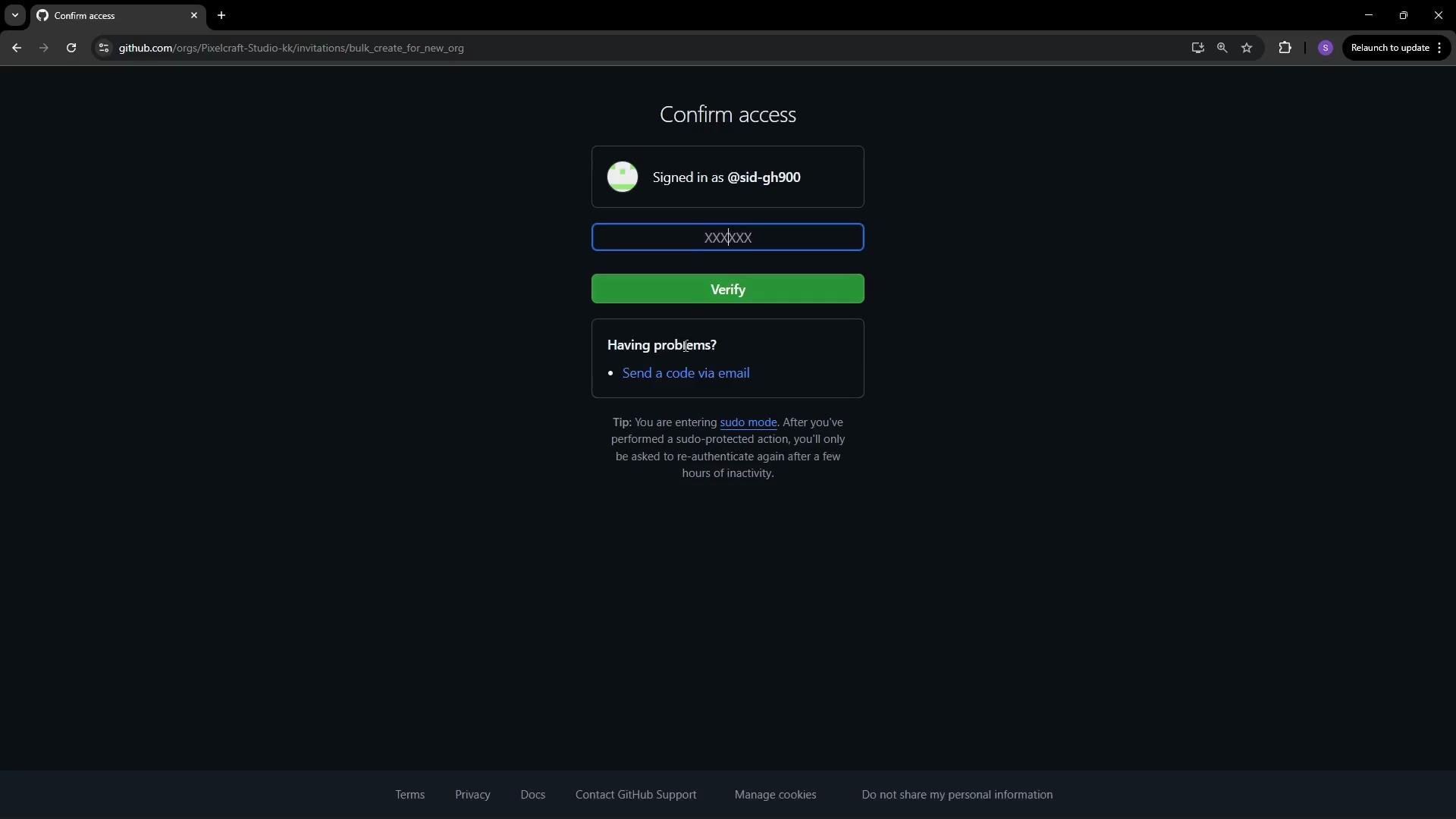 This image shows a GitHub confirmation page where a user is prompted to verify their identity, with options to enter a code or receive assistance via email.