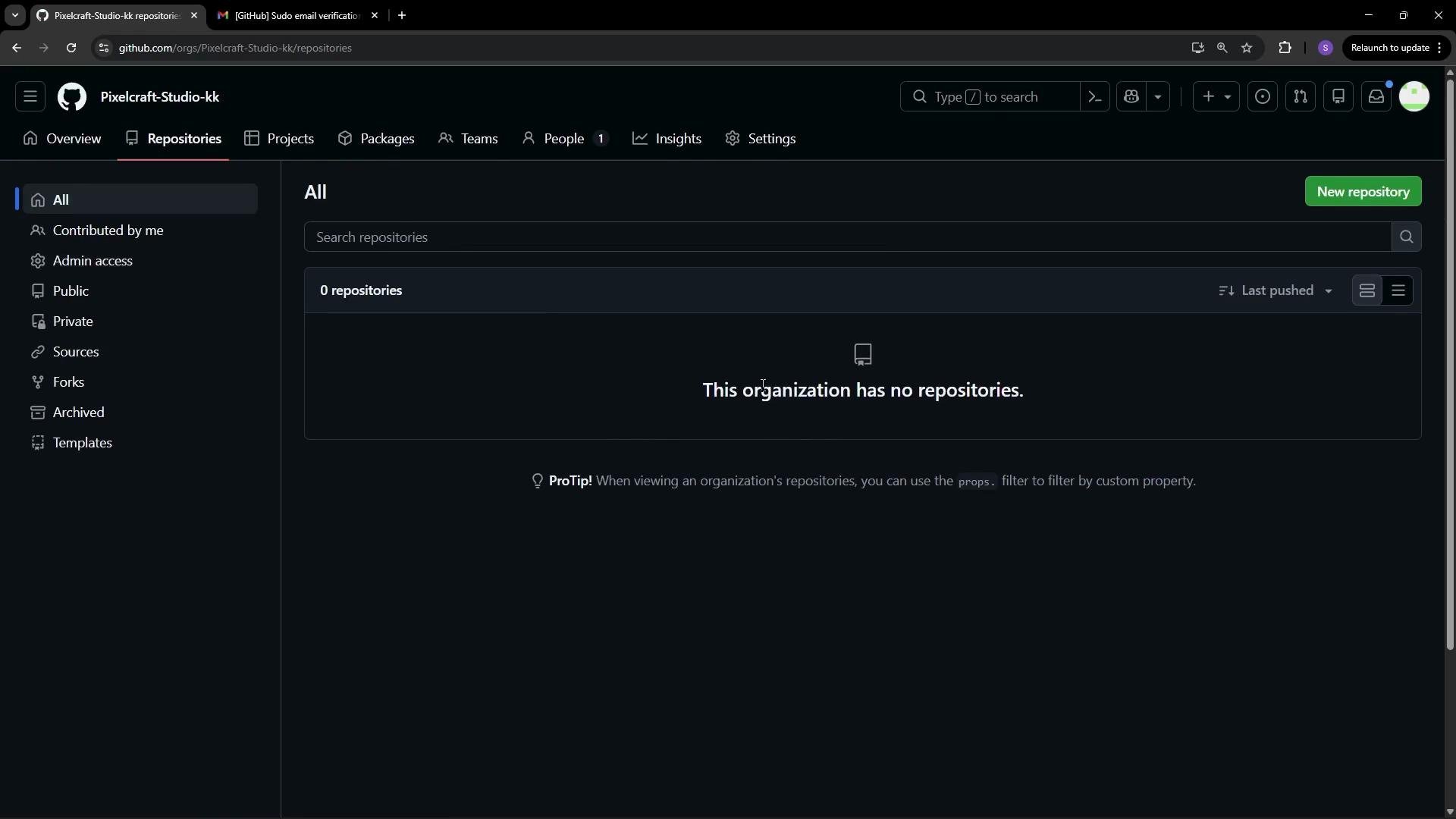 The image shows a GitHub organization's repository page with the message "This organization has no repositories."