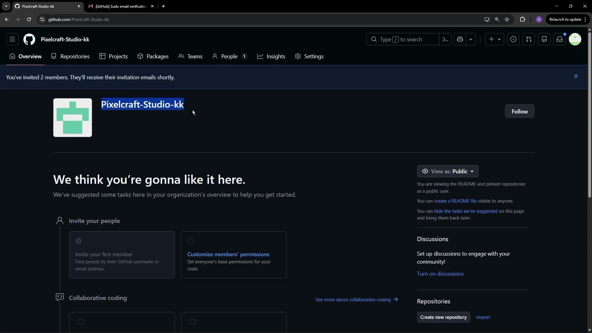 The image shows a GitHub organization page for "Pixelcraft-Studio-kk" with options for managing repositories, permissions, and collaborative tasks. There's a message indicating that two members have been invited.