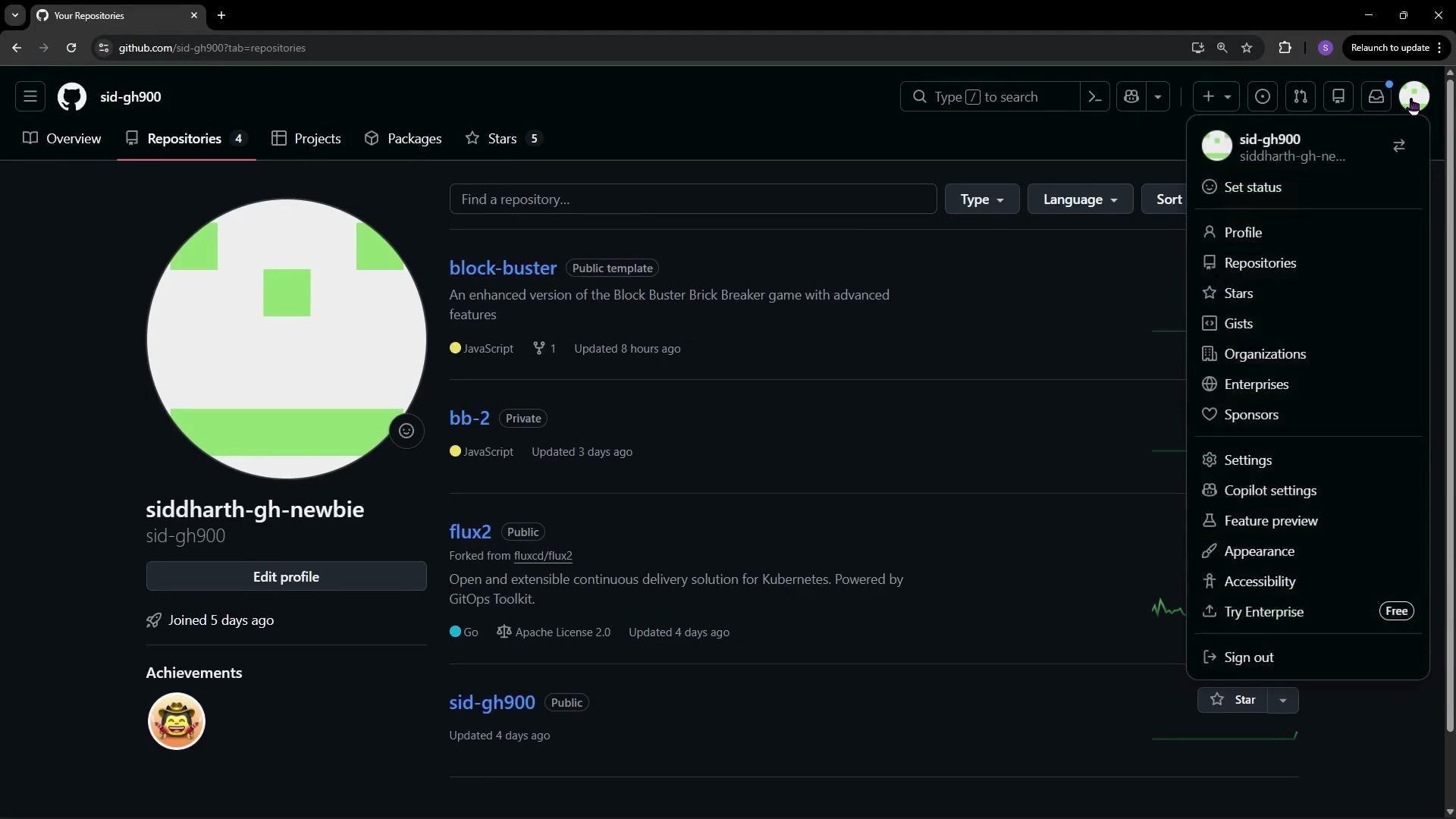 This image shows a GitHub profile page with several repositories listed, including a public template for a game and some private repositories. The user menu is also open on the right side.