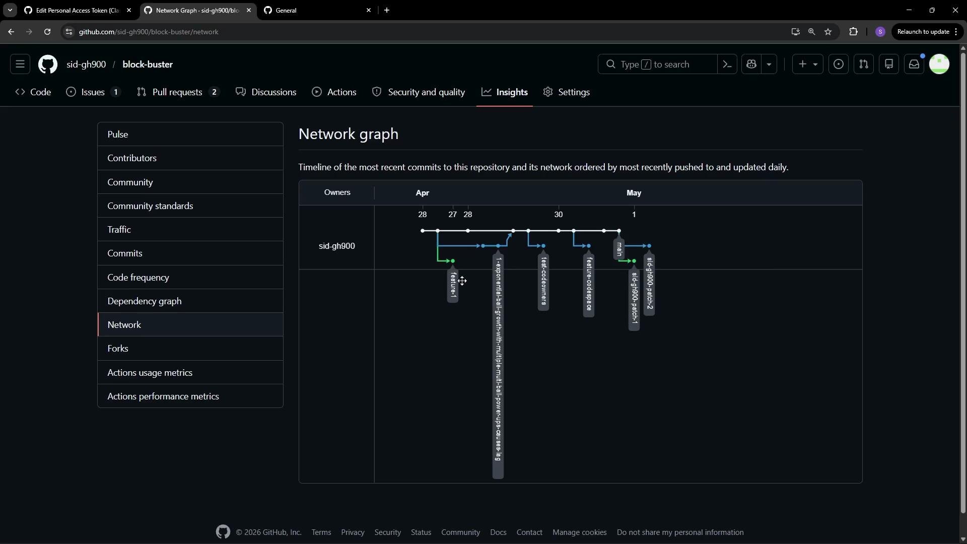 The image displays a GitHub network graph showing recent commits to a repository "block-buster" by the user "sid-gh900," with various branches and commit timelines.
