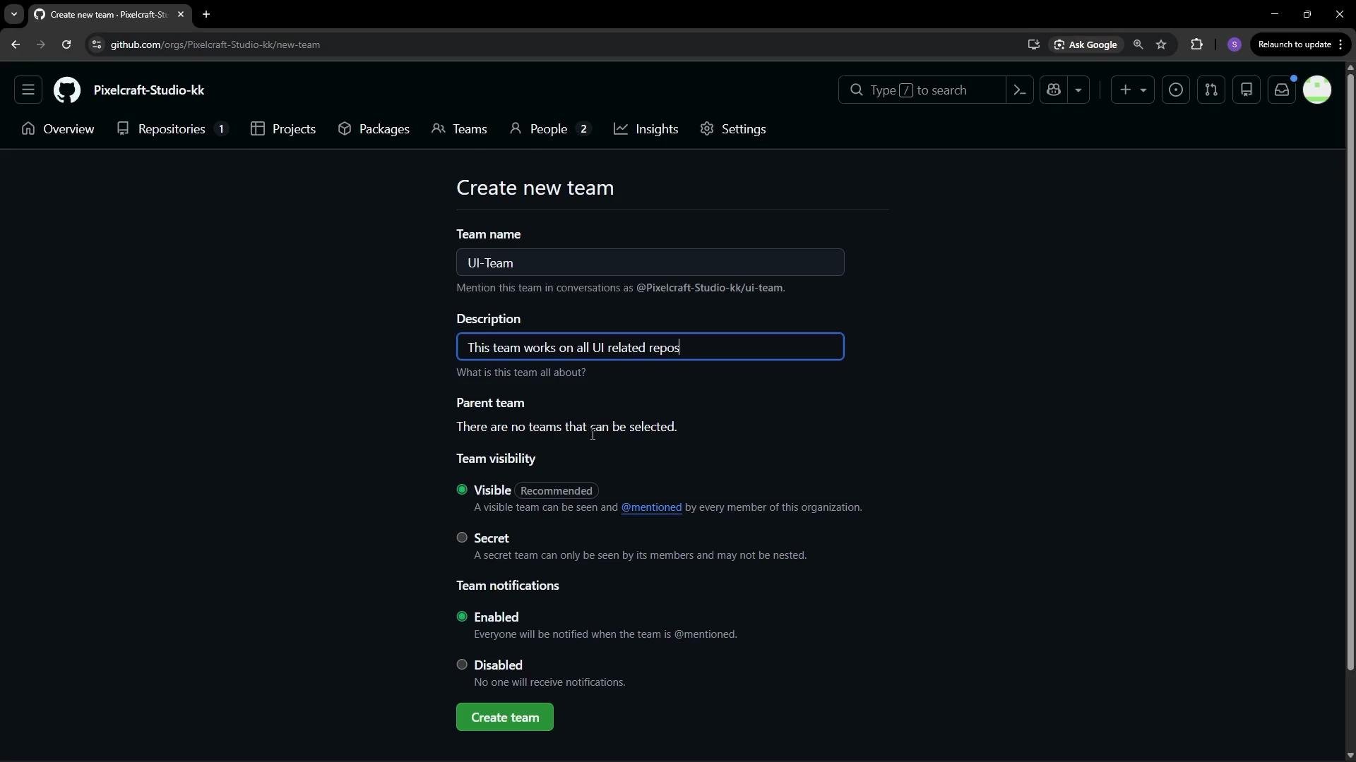 The image shows a GitHub interface for creating a new team, with fields for team name, description, visibility, and notifications settings. The team is named "UI-Team" with a description related to UI repositories.