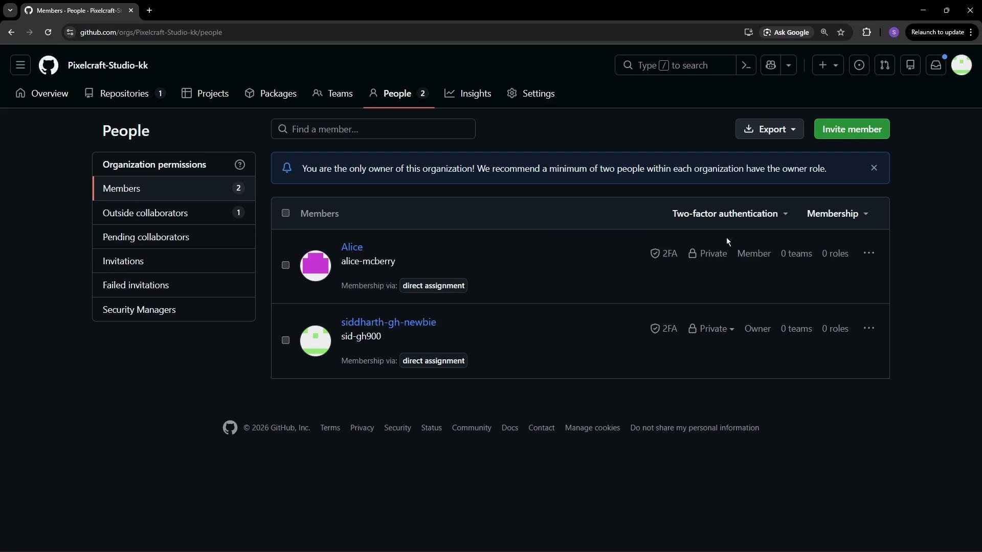 The image shows a GitHub organization page with a list of members, their roles, and two-factor authentication status. The interface is dark-themed and includes an "Invite member" button.