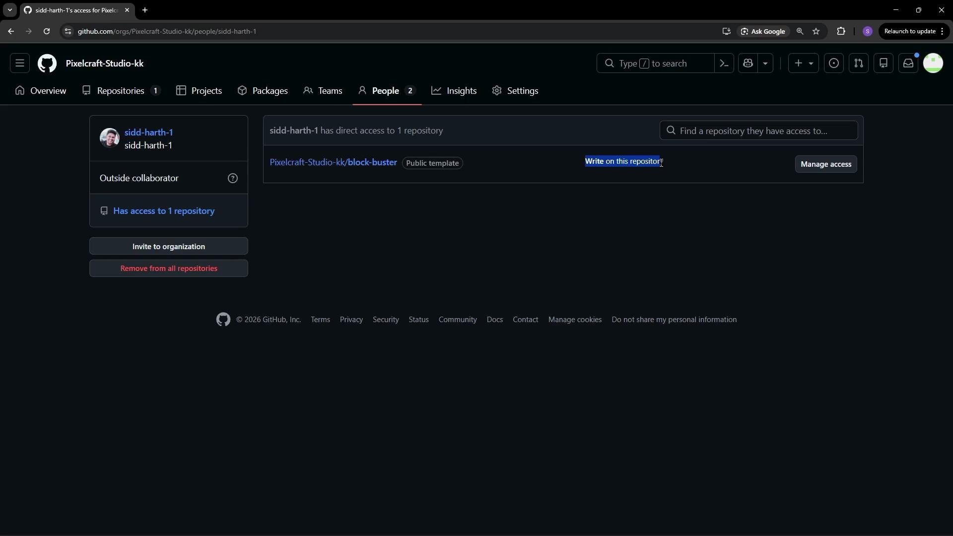 The image shows a GitHub organization page for "Pixelcraft-Studio-kk," with a user named "sidd-harth-1" listed as an outside collaborator who has access to one repository. There are options to invite the user to the organization or remove access.