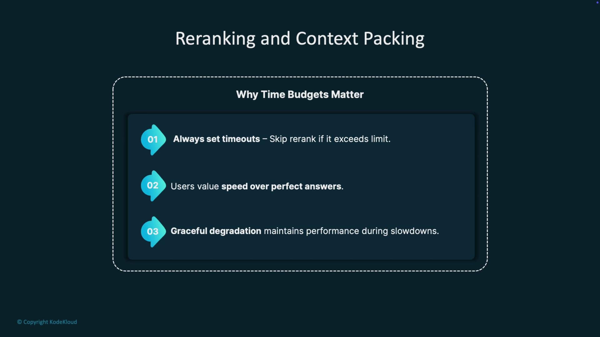 The image is a slide titled "Reranking and Context Packing," explaining why time budgets matter. It lists three points: setting timeouts, valuing speed over perfect answers, and maintaining performance during slowdowns.