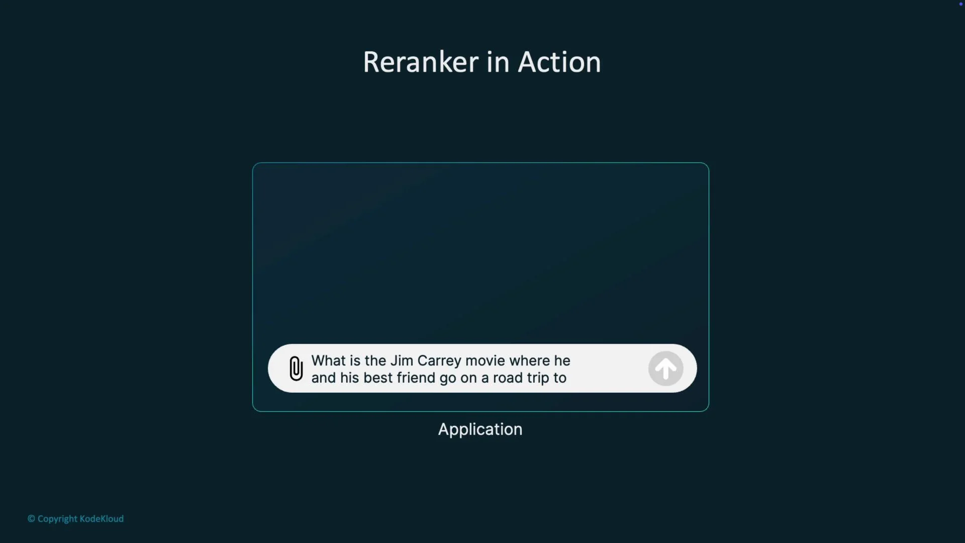 The image shows a UI panel titled "Reranker in Action" with a question about a Jim Carrey movie, entered into an application interface.