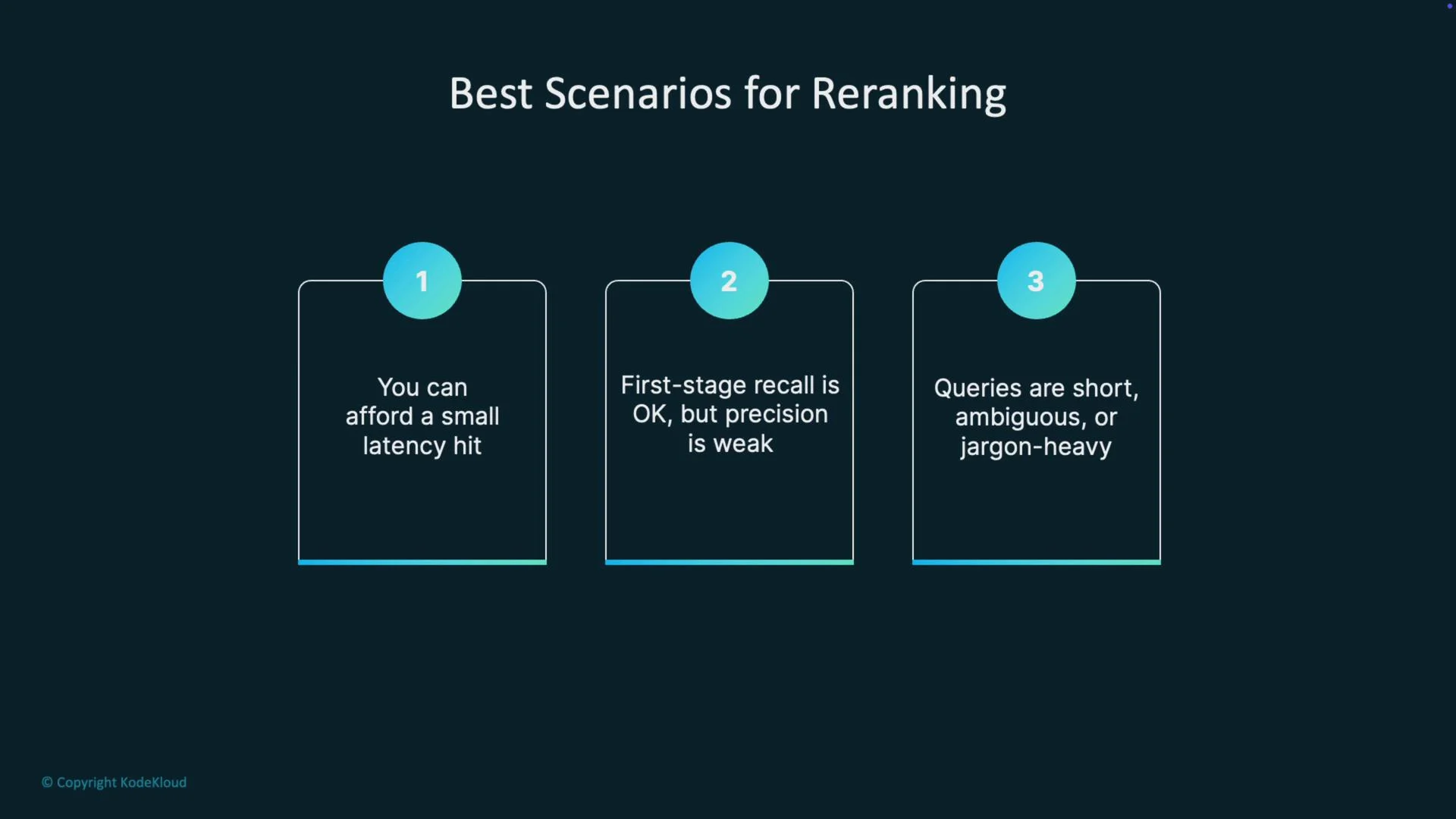 The image lists three scenarios ideal for reranking, including allowing for a small latency hit, having weak precision in first-stage recall, and dealing with short, ambiguous, or jargon-heavy queries.