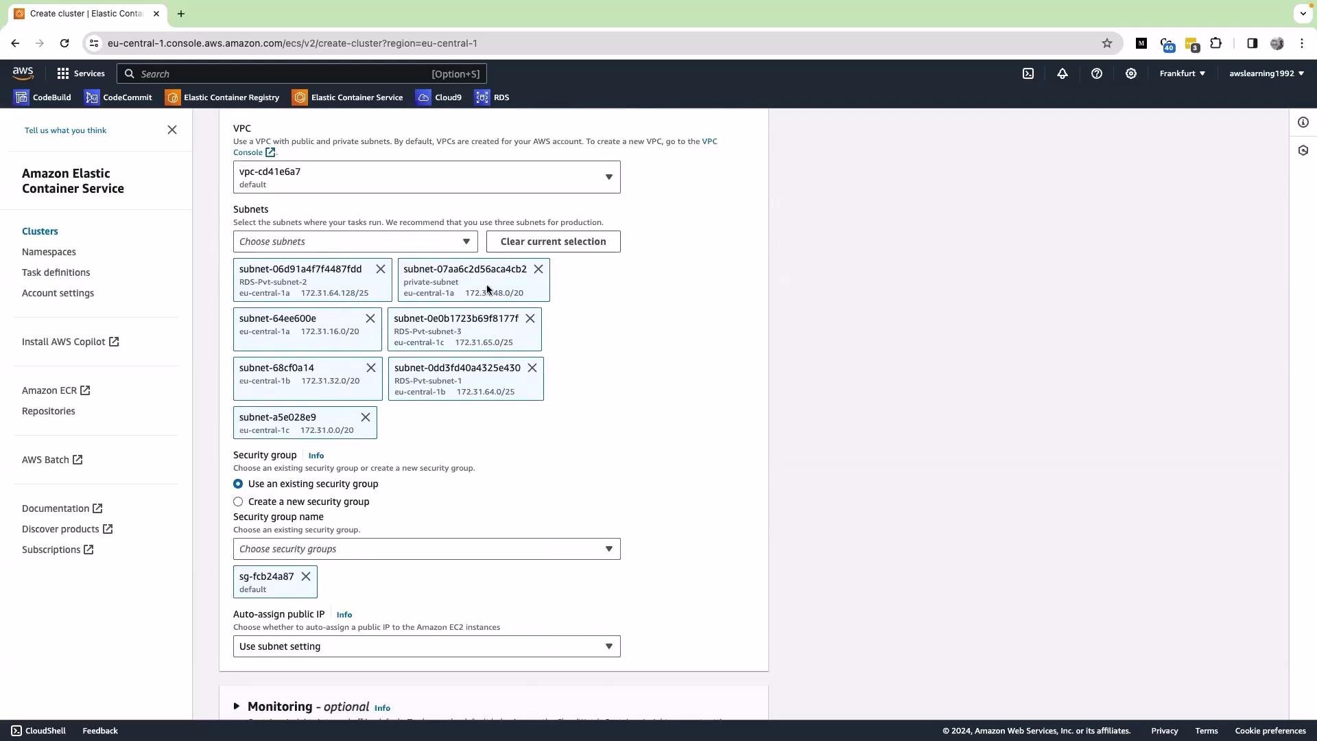 The image shows the AWS Elastic Container Service (ECS) console where a user is configuring a cluster. It displays the selection of VPC and subnets, as well as options for selecting a security group.