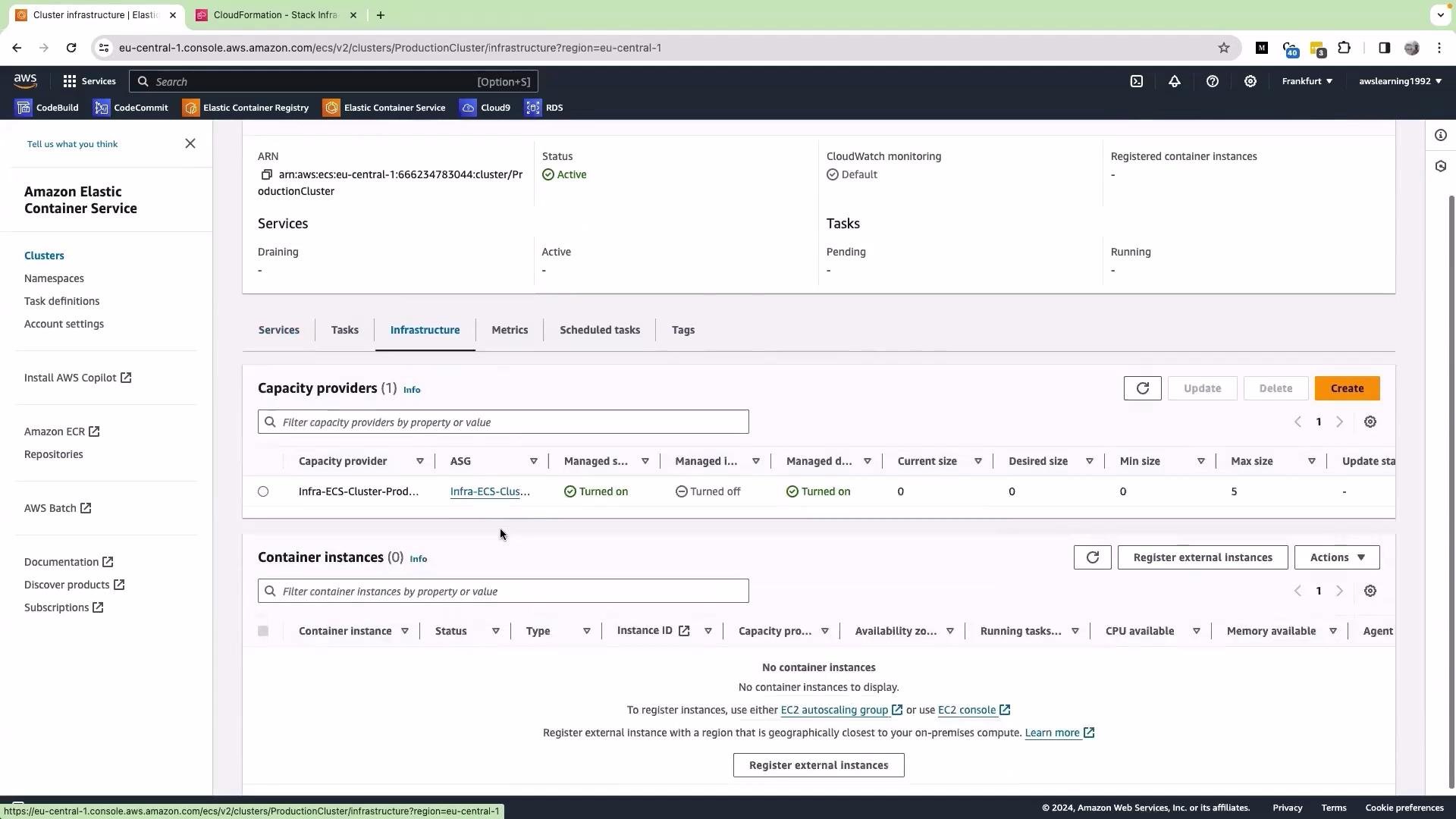 The image shows the AWS Management Console for Amazon Elastic Container Service (ECS), displaying details of a production cluster under the "Infrastructure" tab, with sections for capacity providers and container instances. The console has filters and options for tasks and service management.