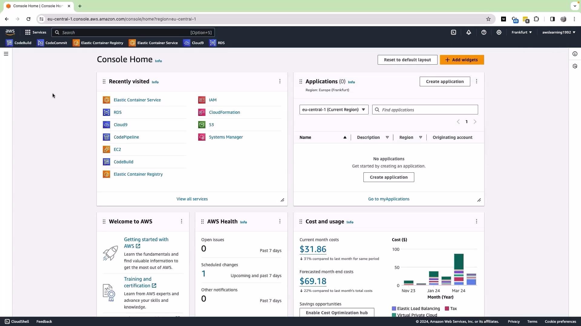 The image shows the AWS Management Console home screen, displaying recently visited services, applications, AWS health status, and cost usage information.