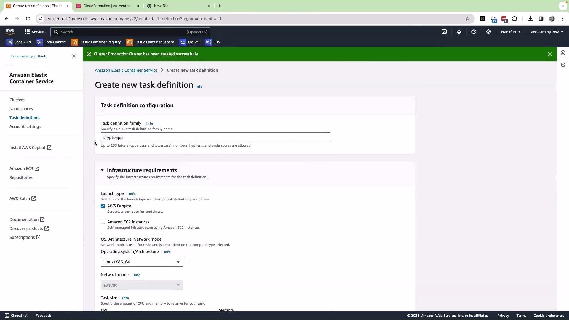 The image shows a browser window with the "Create new task definition" page open in Amazon Elastic Container Service. It includes options for task definition configuration and infrastructure requirements, such as selecting a launch type and setting operating system parameters.
