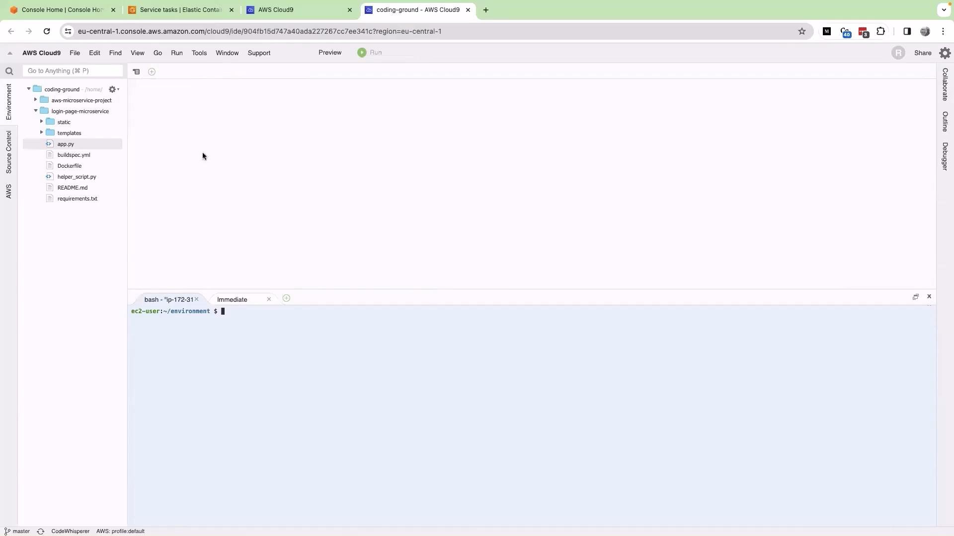 The image shows an AWS Cloud9 IDE interface with a file explorer on the left featuring several project files, and a terminal window below indicating the active environment.
