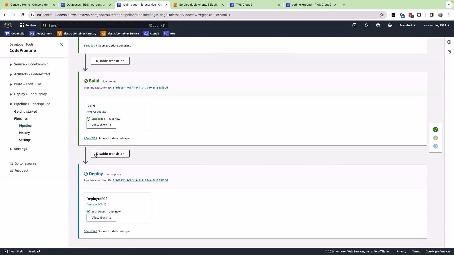 The image shows an AWS CodePipeline interface where the "Build" stage has succeeded and the "Deploy" stage is in progress. The interface includes options for managing transitions and viewing pipeline details.