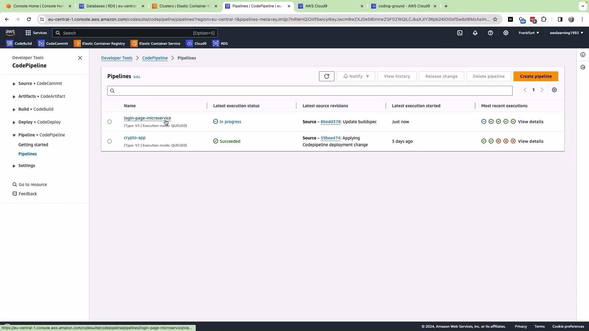 The image shows an AWS CodePipeline dashboard with two pipelines, "login-page-microservice" (in progress) and "crypto-app" (succeeded), displaying their execution status and latest revisions.