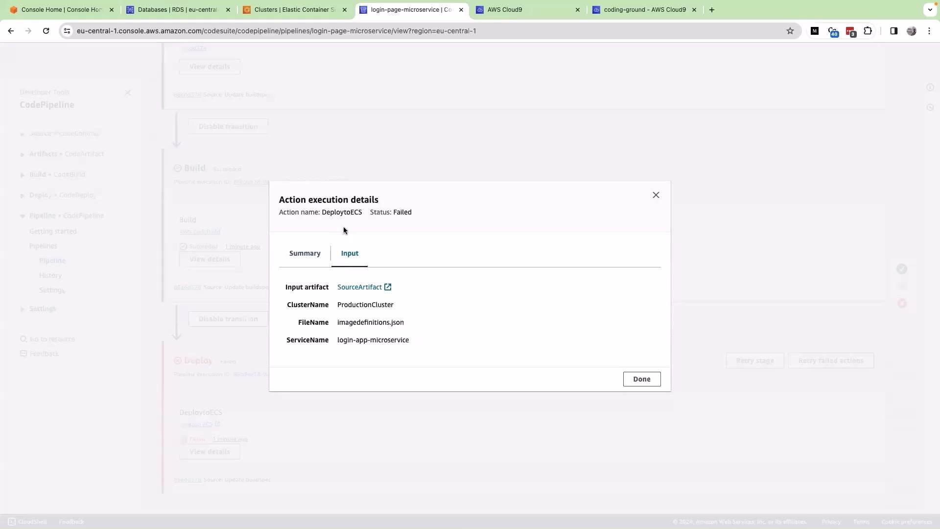 The image shows an AWS CodePipeline interface with a pop-up window displaying action execution details for a failed deployment to ECS, including input artifact, cluster name, file name, and service name.