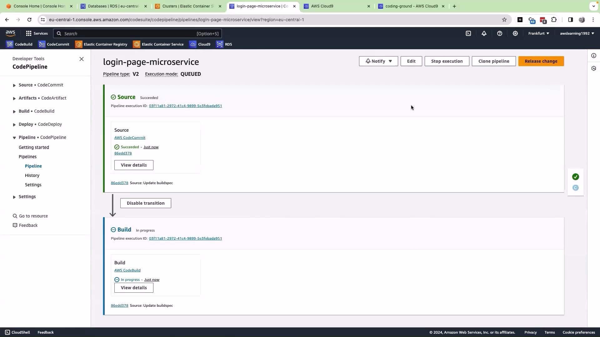 The image shows an AWS CodePipeline interface for a "login-page-microservice" pipeline, with sections for source and build stages. The source shows success, and the build is in progress.