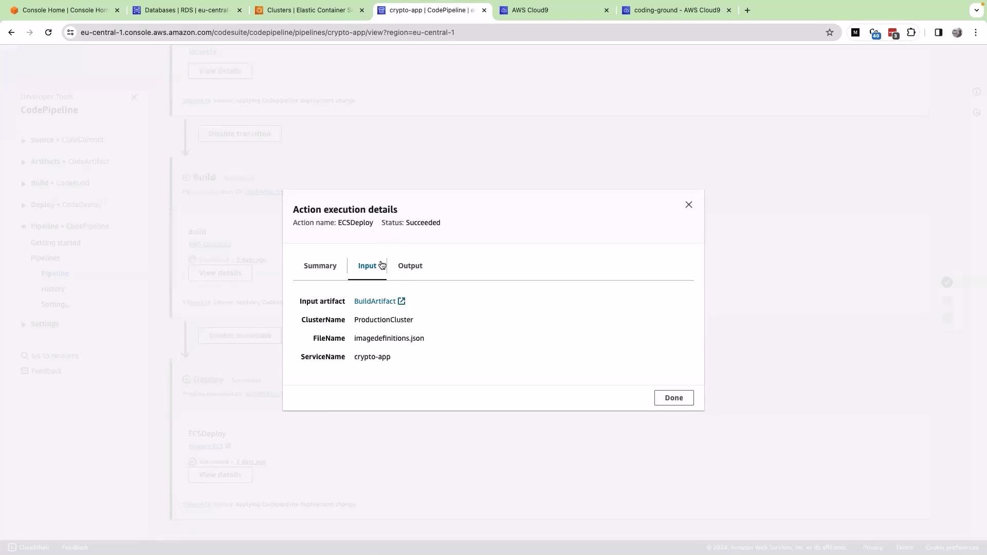 The image shows an AWS console page with the "Action execution details" window open, displaying information about an ECSDeploy action, including the input artifact, cluster name, file name, and service name.