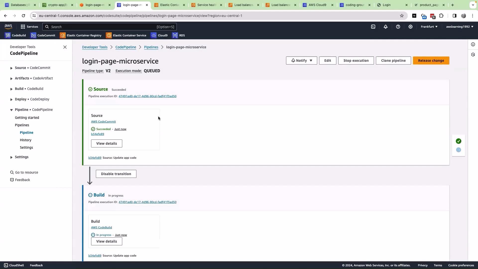 The image shows an AWS CodePipeline console for a project named "login-page-microservice" with the source stage succeeded and the build stage in progress. It includes navigation options on the left for CodePipeline features.