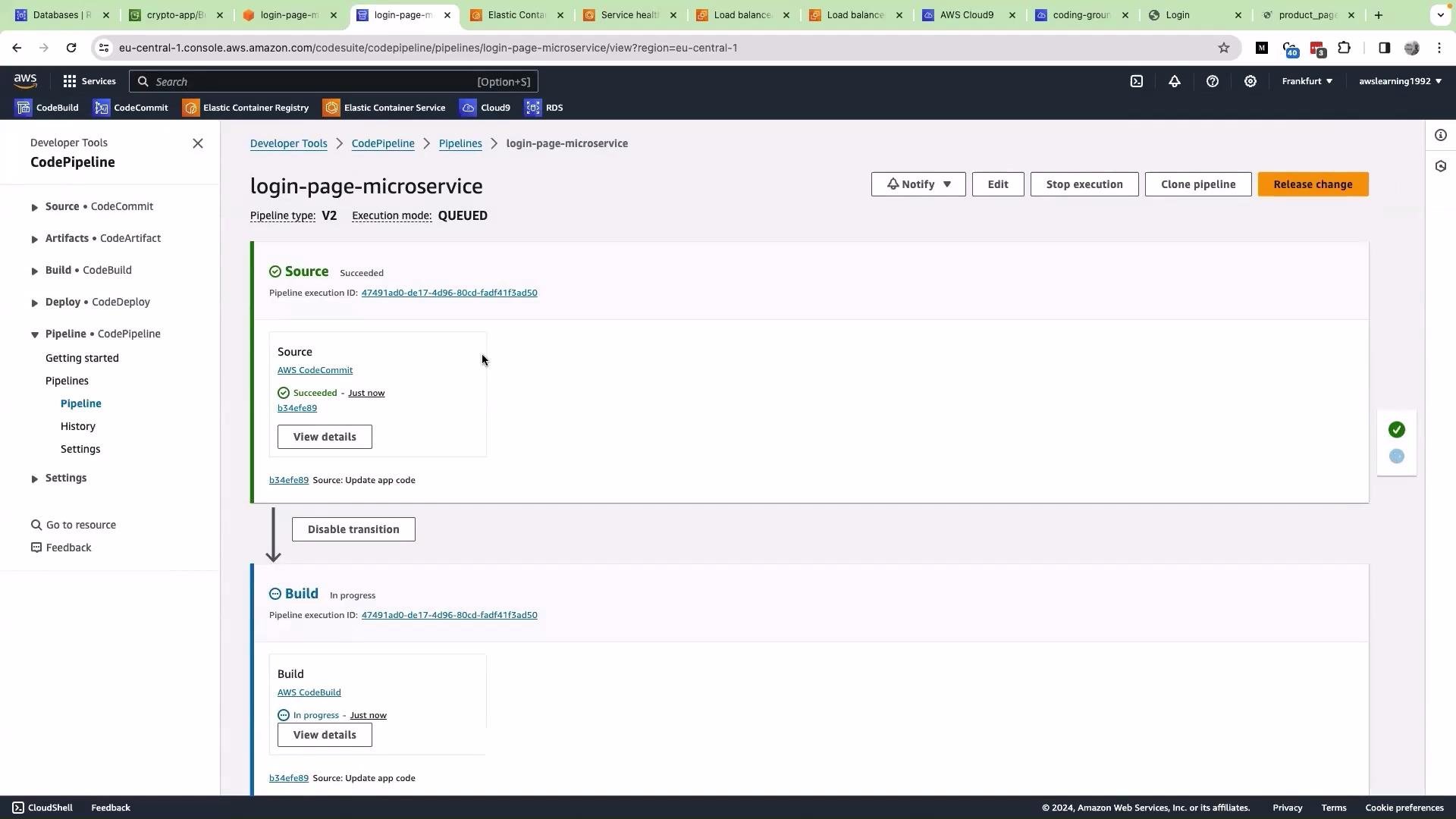 The image shows an AWS CodePipeline console for a project named "login-page-microservice" with the source stage succeeded and the build stage in progress. It includes navigation options on the left for CodePipeline features.