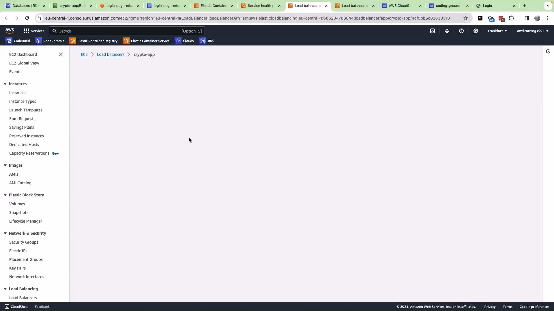 The image shows an AWS EC2 console with a focus on a "Load Balancers" section for an application named "crypto-app," displaying navigation and instance management options.