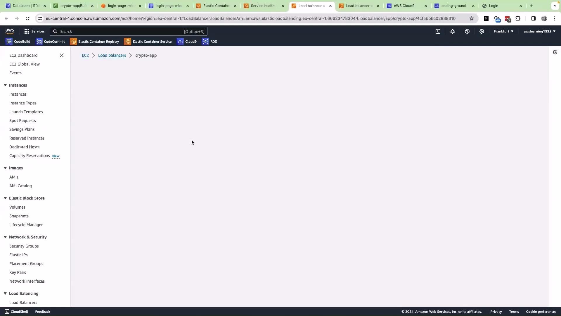 The image shows an AWS EC2 console with a focus on a "Load Balancers" section for an application named "crypto-app," displaying navigation and instance management options.