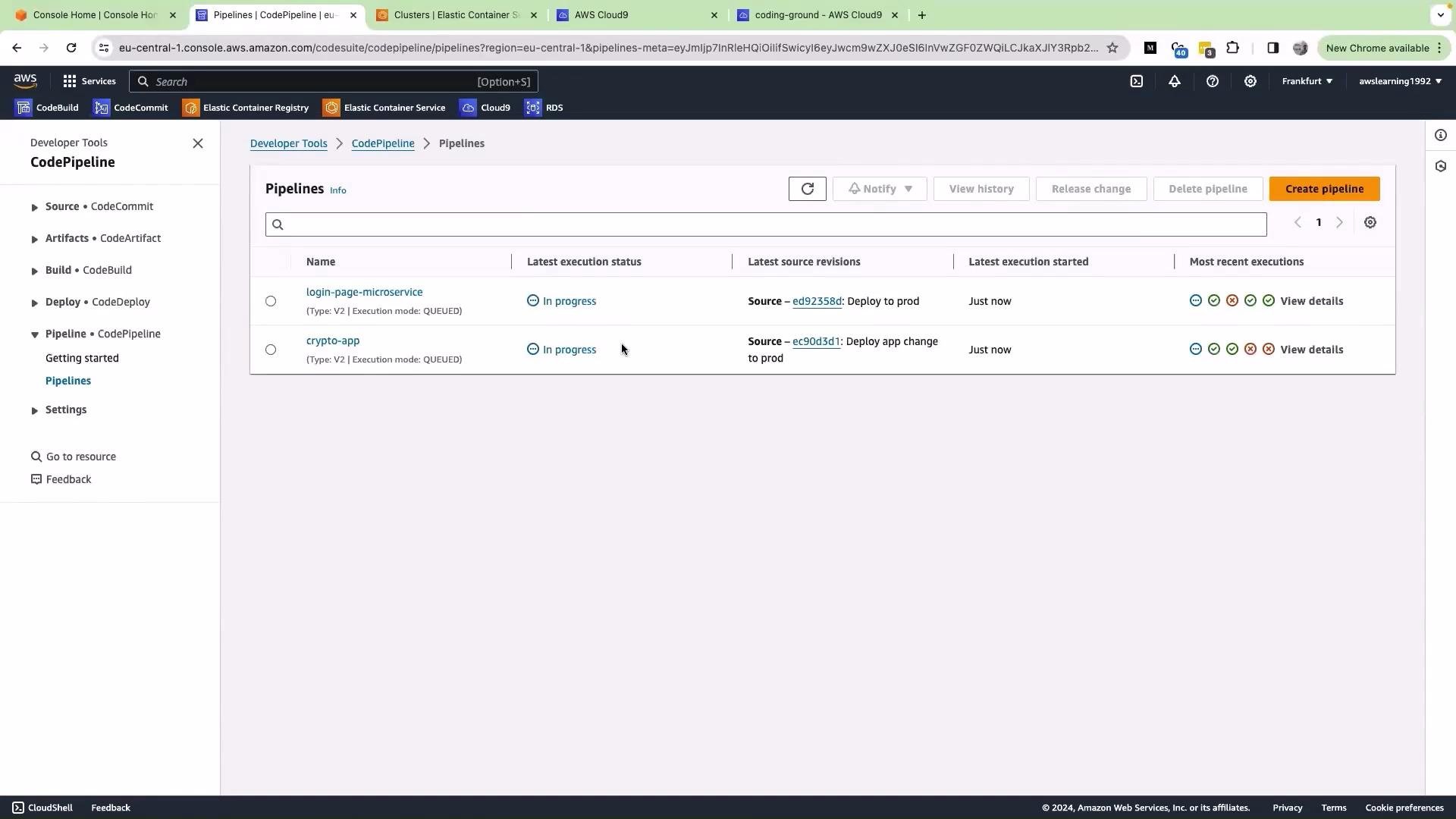 The image shows the AWS CodePipeline interface with two pipelines, "login-page-microservice" and "crypto-app," both currently in progress. It includes details such as source information and execution status.