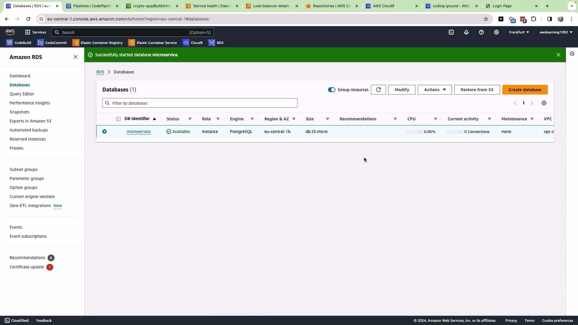 This image shows the Amazon RDS console with a list of databases. A PostgreSQL database named "microservice" is displayed with its status marked as "available."
