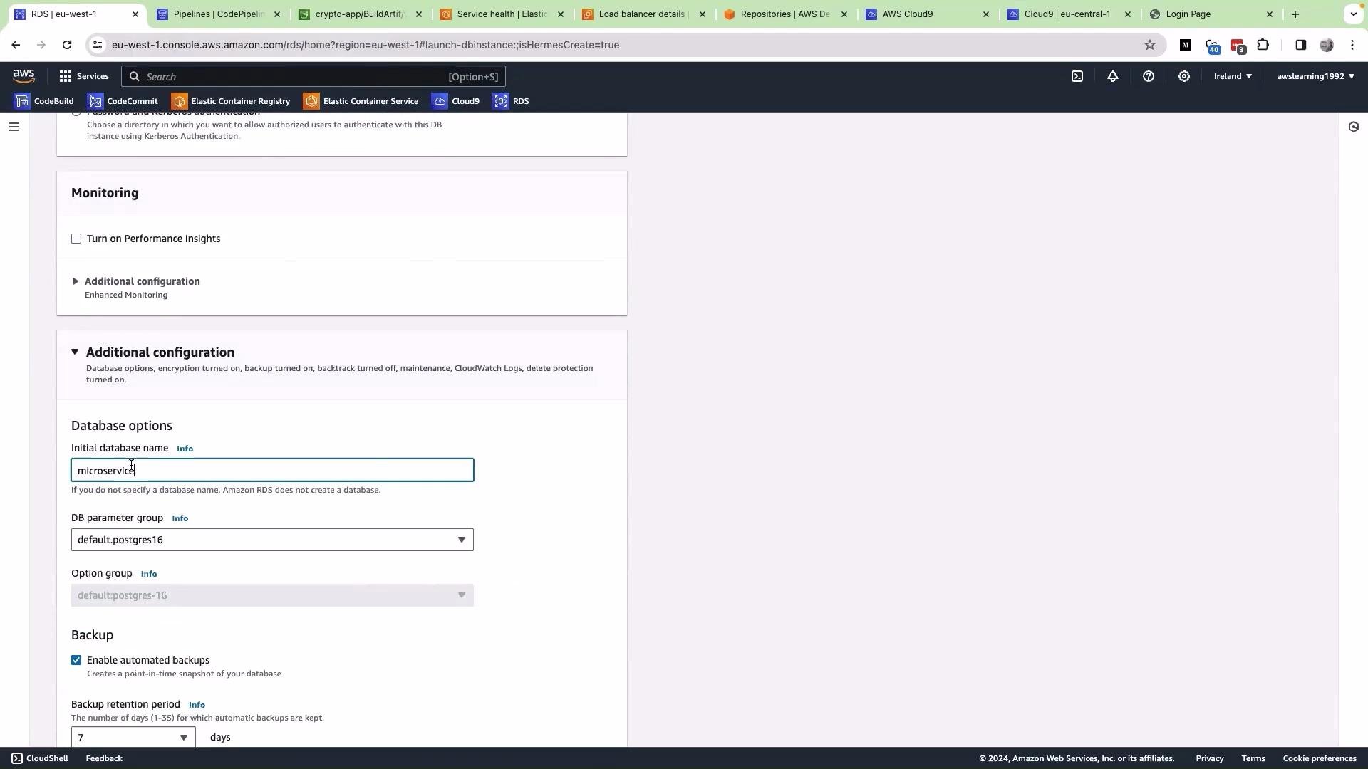 The image shows the AWS RDS (Amazon Relational Database Service) configuration page, where a user is setting up database options for a new database instance named "microservice."