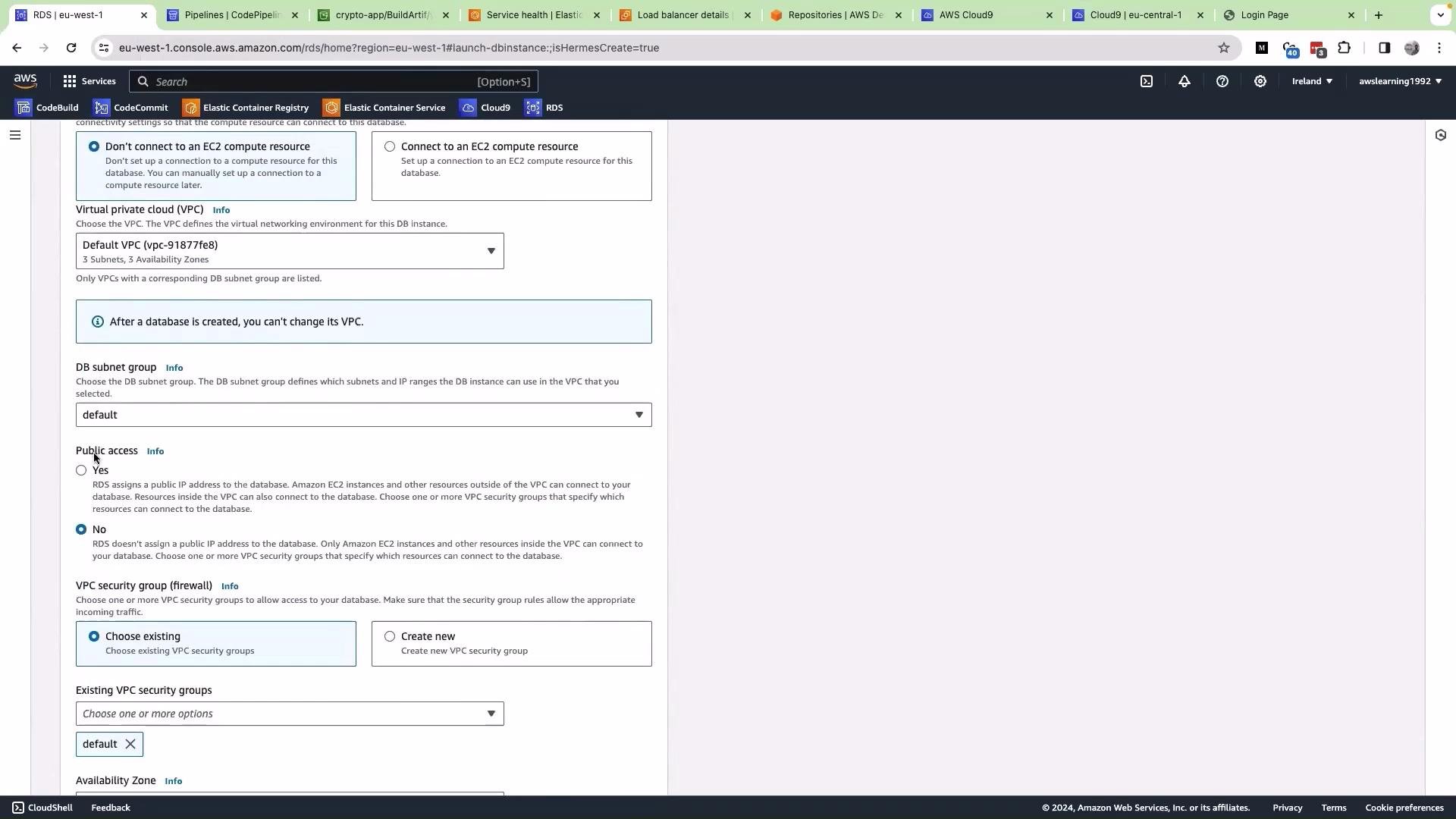 This image shows an AWS RDS configuration page where options for VPC, DB subnet group, public access, and VPC security groups are being set. It's part of the setup process for a database instance in AWS.