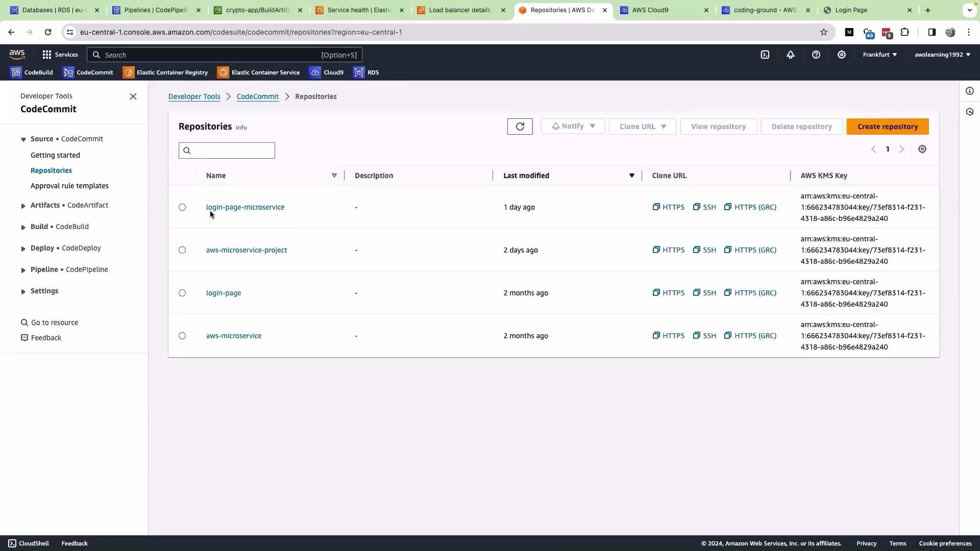 The image shows a screenshot of the AWS CodeCommit console with a list of repositories, including their names, last modified dates, and options for cloning via HTTPS or SSH.