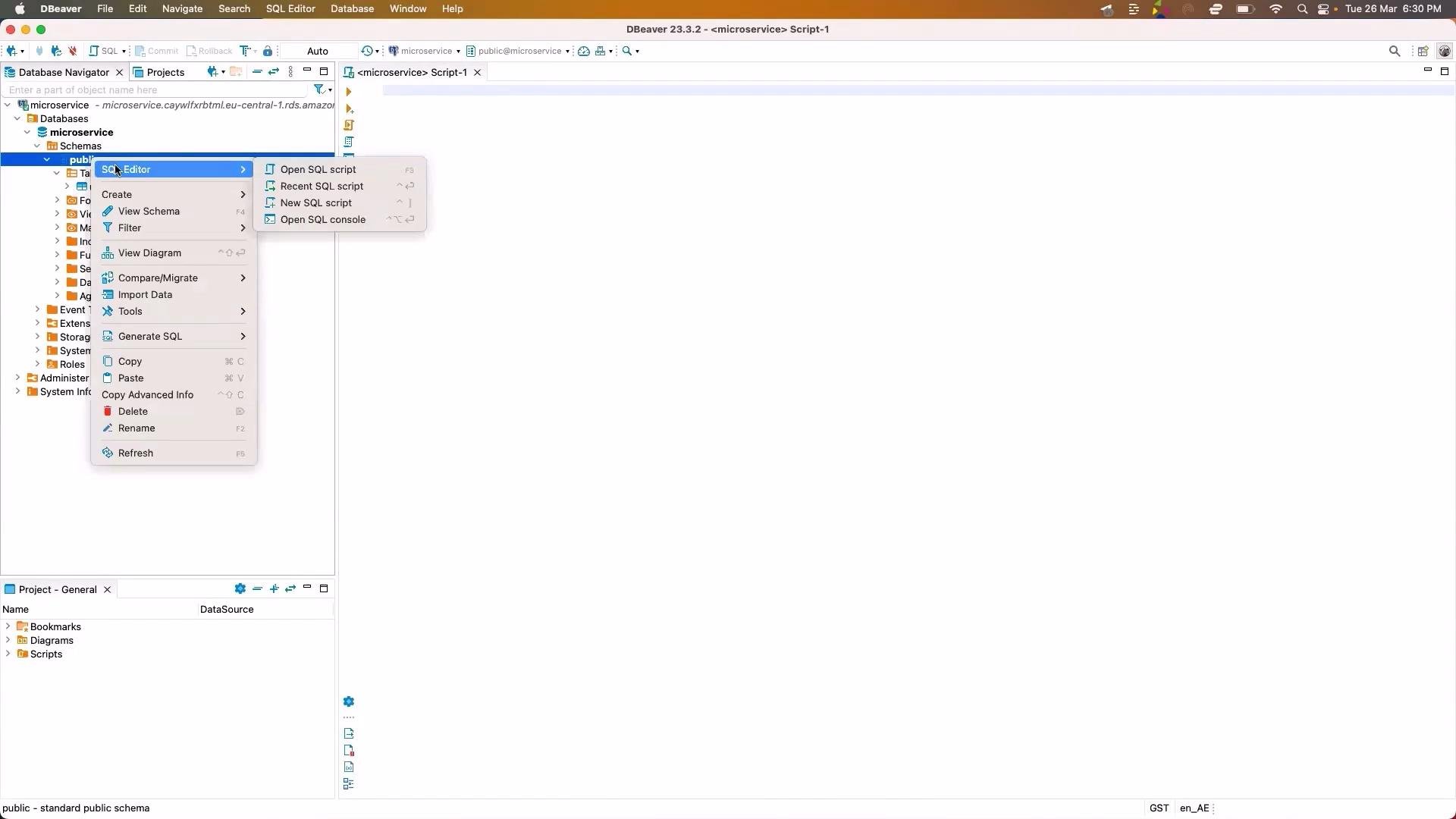The image shows a screenshot of DBeaver with a database named "microservice" open, displaying the database navigator and a context menu for SQL editor options.