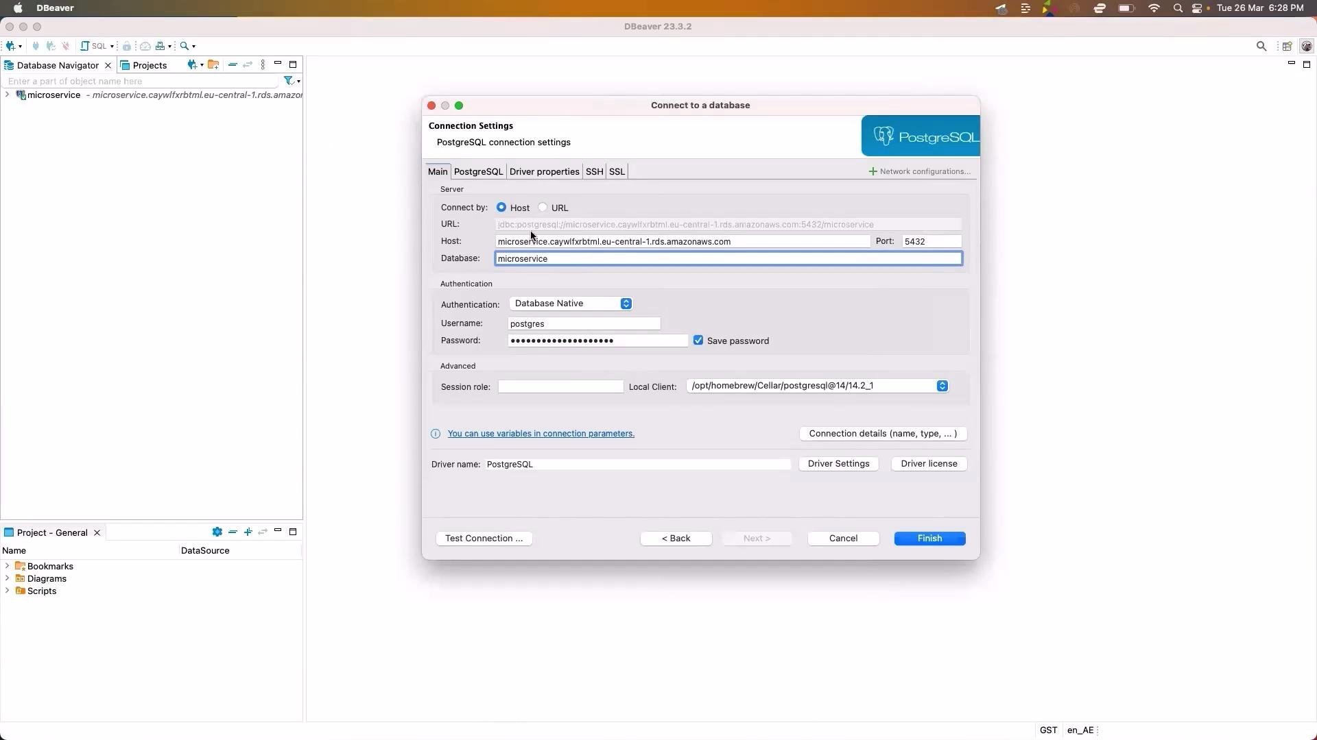 The image shows the DBeaver interface with a PostgreSQL connection settings window open, where database connection details such as server, URL, authentication, and username are being configured.